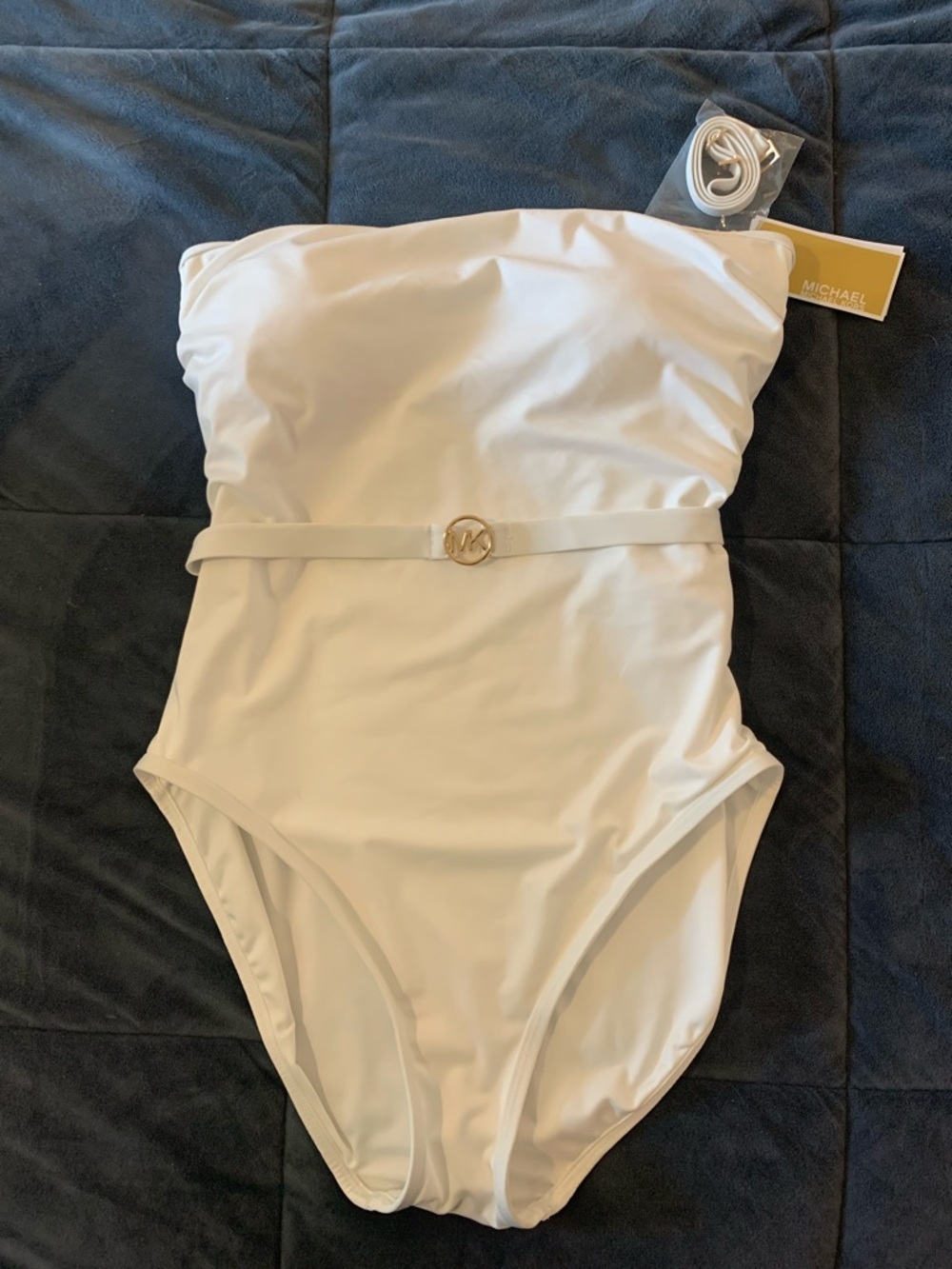 NWT- Michael Kors White Strapless One-Piece with MK Belt Accent